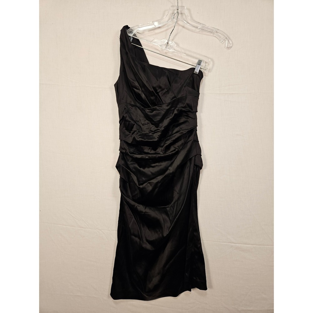 Suzi Chin for Maggy Boutique Black Satin One Shoulder Ruched Cocktail Dress 8